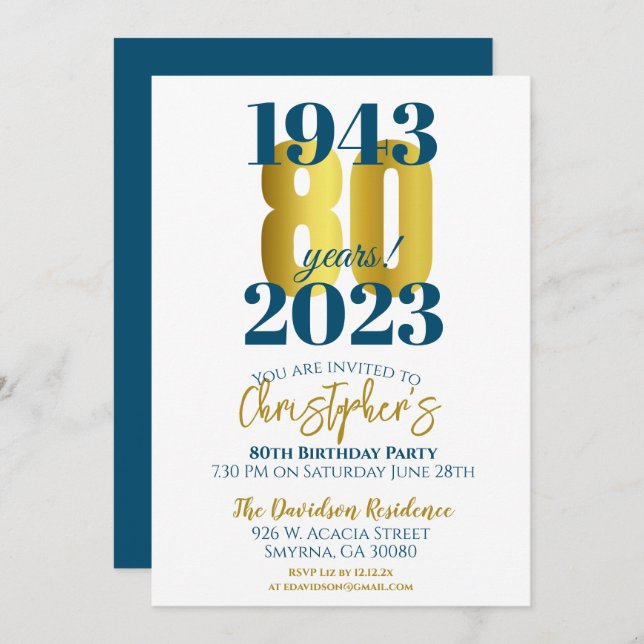 80th Birthday Party Typography Date Invitation (Front/Back)