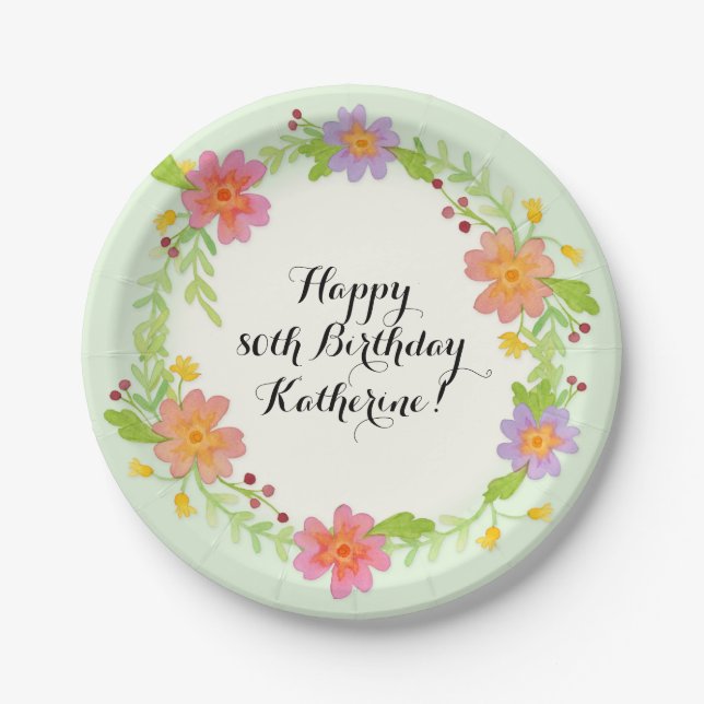 80th Birthday Party Watercolor Modern Floral Paper Plate (Front)