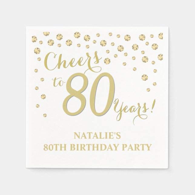 80th Birthday Party White and Gold Diamond Napkins (Front)
