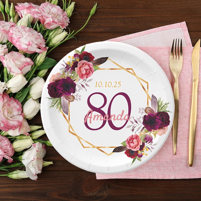 80th birthday party white gold geo floral burgundy paper plate (Creator Uploaded)