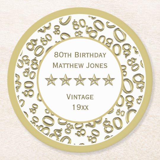 80th Birthday Party White /Gold Round Pattern Round Paper Coaster