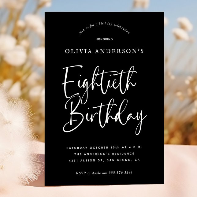 80th Birthday Party | White on Black Typography Invitation (Creator Uploaded)