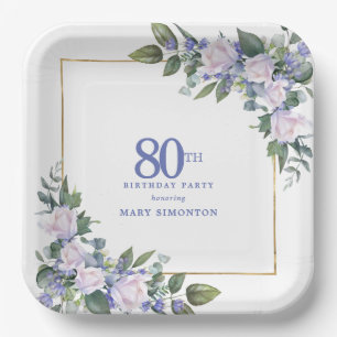 80th Birthday Party White Rose Blue Floral Custom Paper Plate