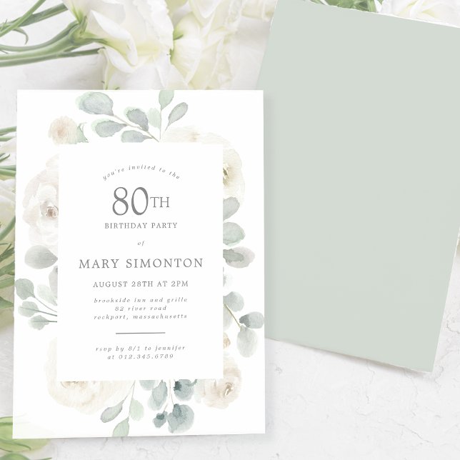 80th Birthday Party White Rose Floral Invitation (Creator Uploaded)