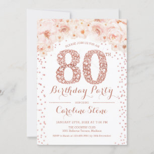 80th Birthday Party - White Rose Gold Invitation