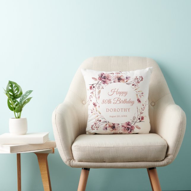 80th Birthday Personalised Burgundy Pink Floral Cushion (Chair)