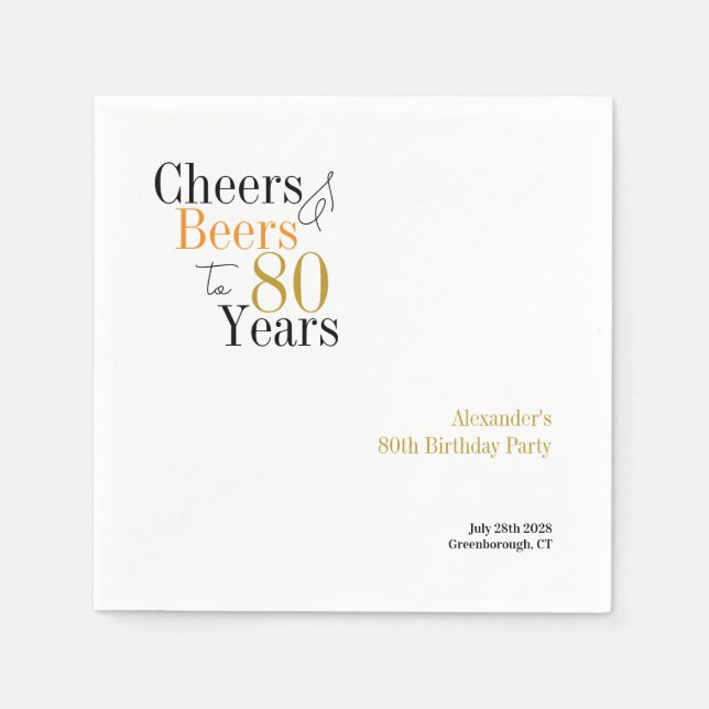 80th Birthday Personalised Cheers and Beers Party Napkin (Front)