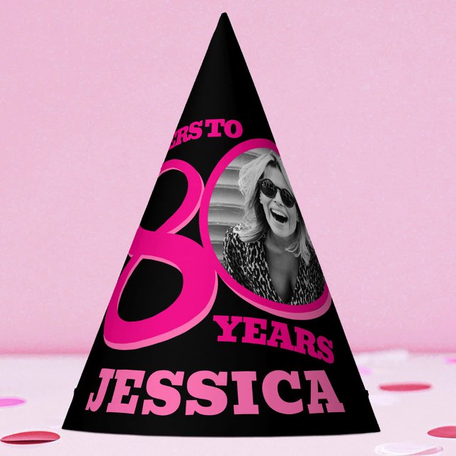 80th birthday personalised photo pink black party hat (Creator Uploaded)