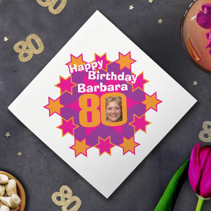 80th birthday photo and name pink star napkins