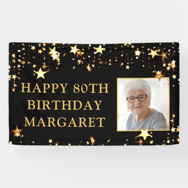 80th Birthday Photo Black Gold Stars Personalised Banner (Horizontal)