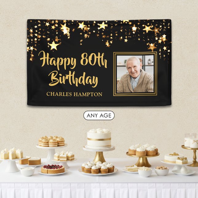 80th Birthday Photo Black Gold Stars Personalised Banner (Creator Uploaded)