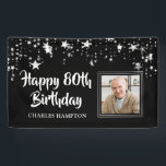 80th Birthday Photo Black White Silver Stars Banner<br><div class="desc">Celebrate an 80th (or any age) birthday with this black and white banner sign with silver stars and your custom text (the sample shows HAPPY 80TH BIRTHDAY) in a modern, brush script font and personalised with their or your other text. All text is editable to change to any age birthday...</div>