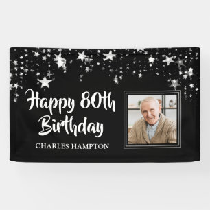 80th Birthday Photo Black White Silver Stars Banner