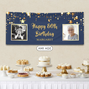 80th Birthday Photo Blue Gold Stars Personalised Banner