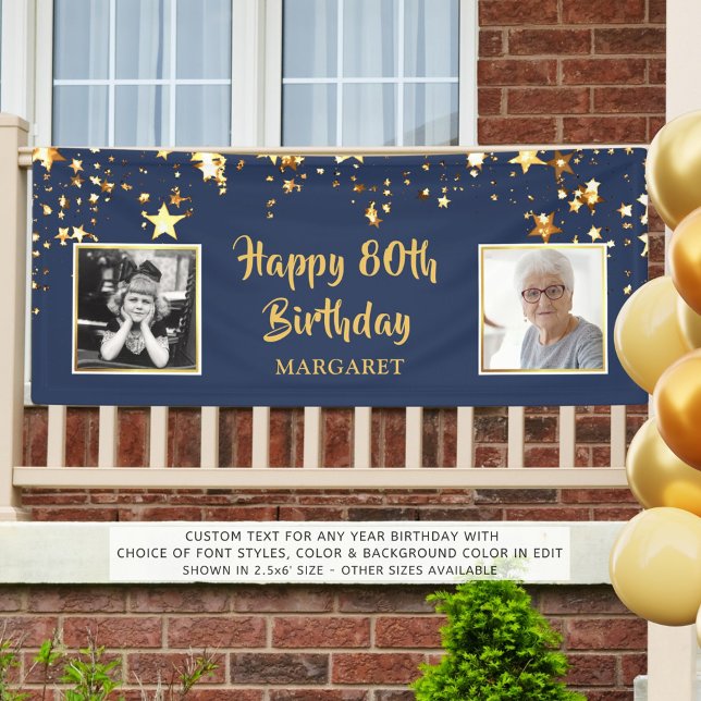 80th Birthday Photo Blue Gold Stars Personalised Banner (Creator Uploaded)