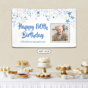 80th Birthday Photo Blue Stars Personalised Banner