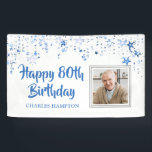 80th Birthday Photo Blue Stars Personalised Banner<br><div class="desc">Celebrate an 80th, or any age, birthday and/or welcome party guests with this blue and white banner sign with blue stars and HAPPY # BIRTHDAY in a modern, hand lettered brush script font and personalised with their name and a photo framed in silver. PHOTO TIP: For fastest/best results, choose a...</div>