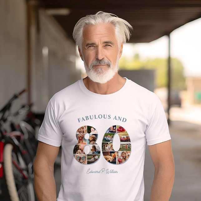 80th Birthday Photo Collage Elegant and Timeless T-Shirt (Creator Uploaded)
