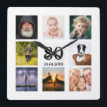 80th birthday photo collage guy square wall clock<br><div class="desc">A wall clock as a gift for a 80th birthday for a guy,  celebrating his life with a collage of 8 of your own photos.  Templates for a name,  age 80 and a date.  Date of birth or the date of the anniversary.  Black coloured letters.  White background.</div>