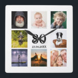 80th birthday photo collage guy square wall clock<br><div class="desc">A wall clock as a gift for a 80th birthday for a guy,  celebrating his life with a collage of 8 of your own photos.  Templates for a name,  age 80 and a date.  Date of birth or the date of the anniversary.  Black coloured letters.  White background.</div>