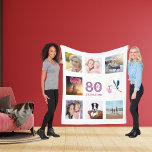 80th birthday photo collage white fleece blanket<br><div class="desc">A gift for a woman's 80th birthday,  celebrating her life with a collage of 8 of your photos.  Templates for a name,  age 80 and a date.  Date of birth or the date of the anniversary.  Pink and purple coloured letters.  White coloured background.</div>