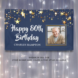 80th Birthday Photo Gold Stars Blue Personalised Banner