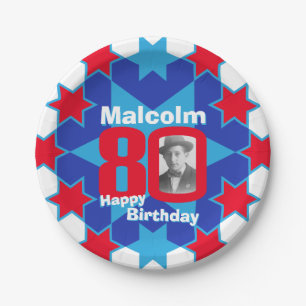 80th birthday photo name blue star paper plate