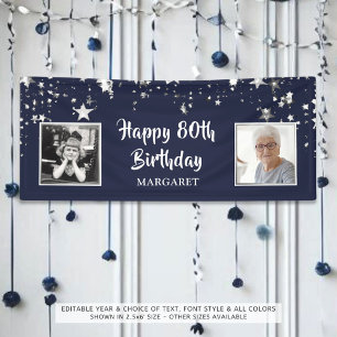 80th Birthday Photo Navy Silver Stars Personalised Banner