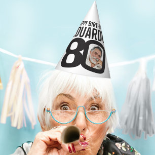80th birthday photo personalised white black mono party hat