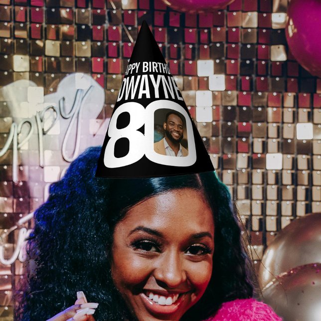 80th birthday photo personalised white black party hat (Creator Uploaded)