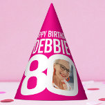 80th birthday photo personalised white hot pink party hat<br><div class="desc">Bright add your own photo and name party hat. Ideal for a special girls 80th birthday party celebration. Vibrant hot pink and white design. Other matching birthday items are available.  Original graphic art and design by www.mylittleeden.com</div>