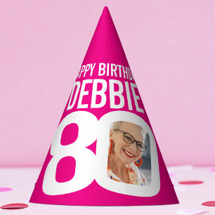80th birthday photo personalised white hot pink party hat