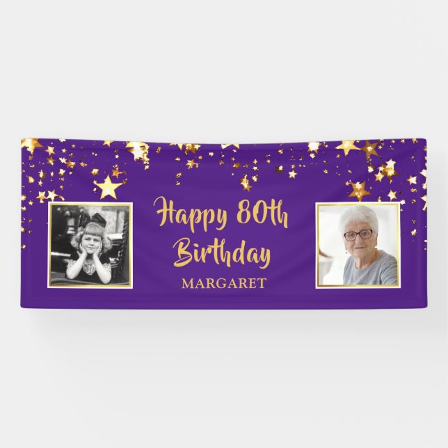 80th Birthday Photo Purple Gold Stars Personalised Banner (Horizontal)