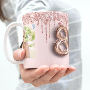 80th birthday photo rose gold glitter pink balloon coffee mug