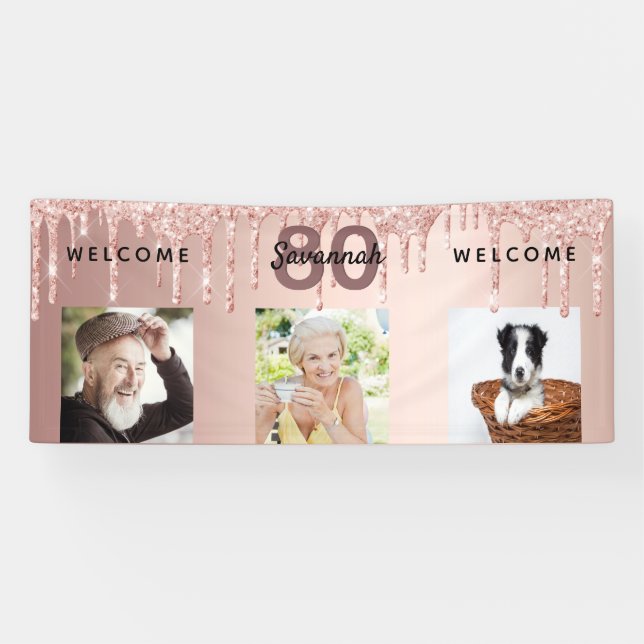 80th birthday photo rose gold glitter sparkle banner (Horizontal)