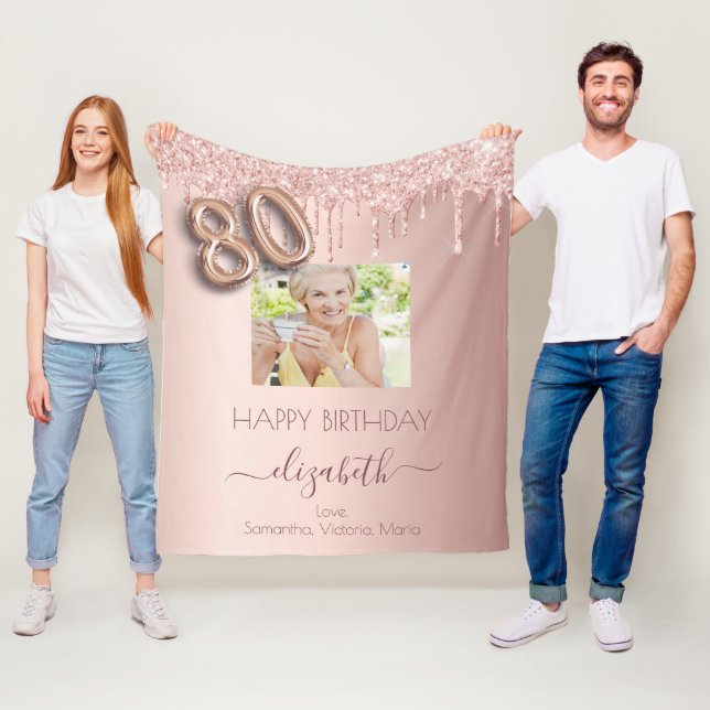 80th birthday photo rose gold pink friends fleece blanket (In Situ)