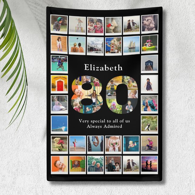 80th Birthday Photo Template Banner (Personalized 80th birthday wall banner with photo collage template.)
