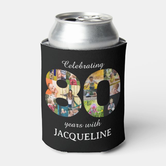 80th Birthday Photo Template Invitation Black Can Cooler (Can Front)