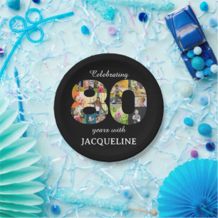80th Birthday Photo Template Invitation Black Paper Plate