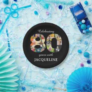 80th Birthday Photo Template Invitation Black Paper Plate
