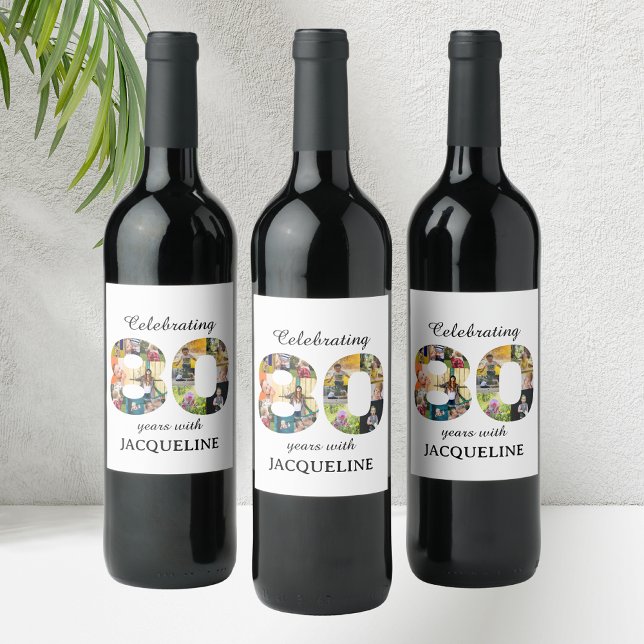 80th Birthday Photo Template Invitation Wine Label (Personalized 80th birthday wine labels with family photographs collage template.)