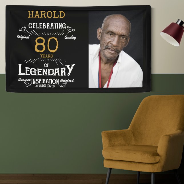 80th Birthday Photo Template Legendary Banner (Custom 80th birthday wall banner with name and photo hanging on a two tone green wall.)