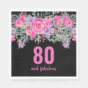 80th birthday pink black floral party napkins
