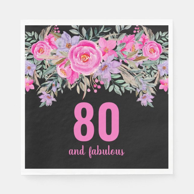 80th birthday pink black floral party napkins (Front)