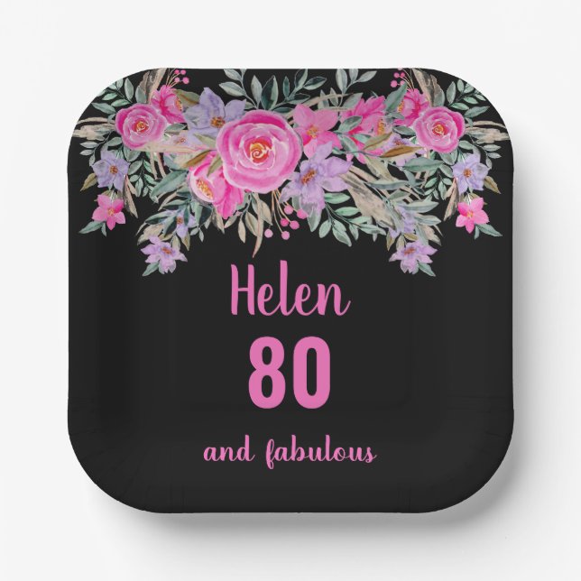 80th birthday pink black watercolor floral  paper plate (Front)