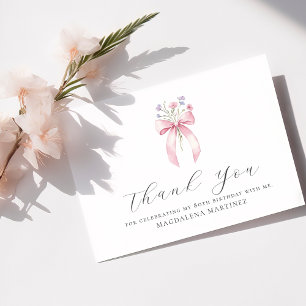 80th Birthday Pink Bow Wildflower Custom Flat Thank You Card