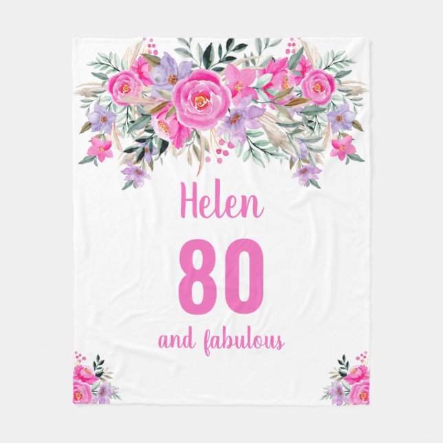 80th birthday pink floral  fleece blanket (Front)