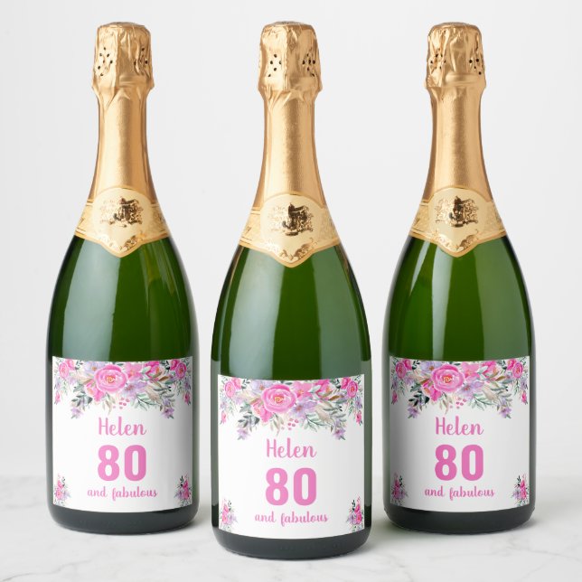 80th birthday pink floral  sparkling wine label (Bottles)