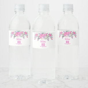 80th birthday pink floral  water bottle label