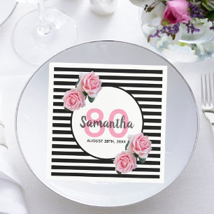 80th birthday pink flowers black stripes name napkin